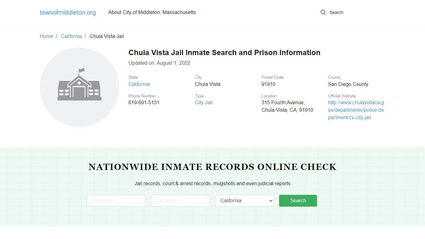 Chula Vista Jail Inmate Search and Prison Information - Town Of Middleton